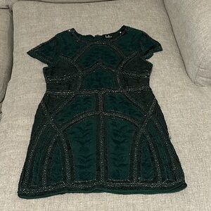 Dark Green Mini Bodycon Dress with Embroidery, Sequin, and Beaded Detailing